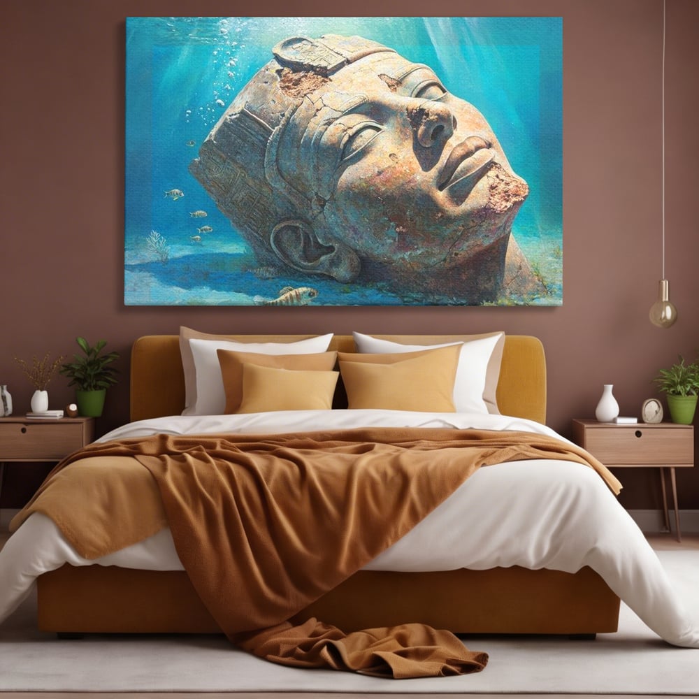 Tablou canvas cu cap de statuie faraonica scufundat, fara rama, pe sasiu de lemn, pe perete intr-un dormitor